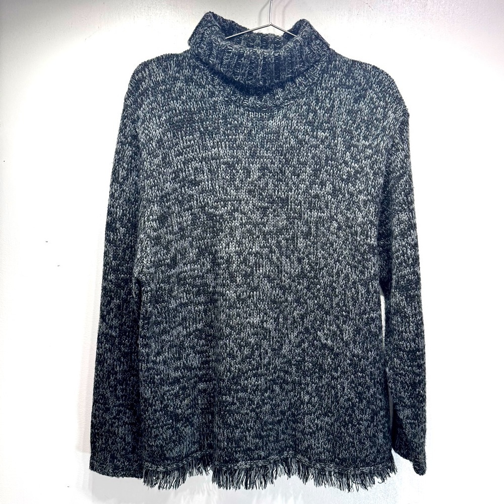 Black & Gray Fringed Hem Turtleneck Sweater Long Sleeves Vintage Y2K Cozy Sz XL